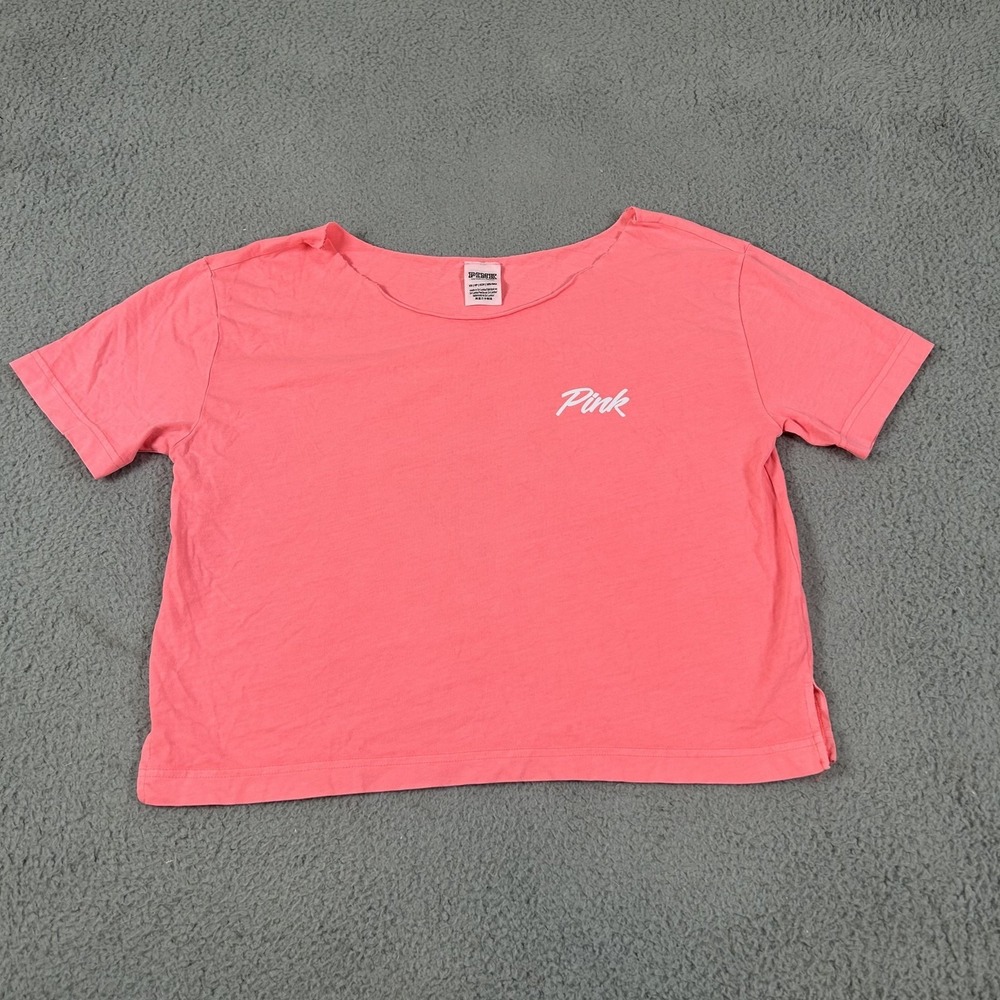 PINK Victoria's Secret Shirt Womens XS Pink Cropped Scoop Neck Short Sleeve Logo